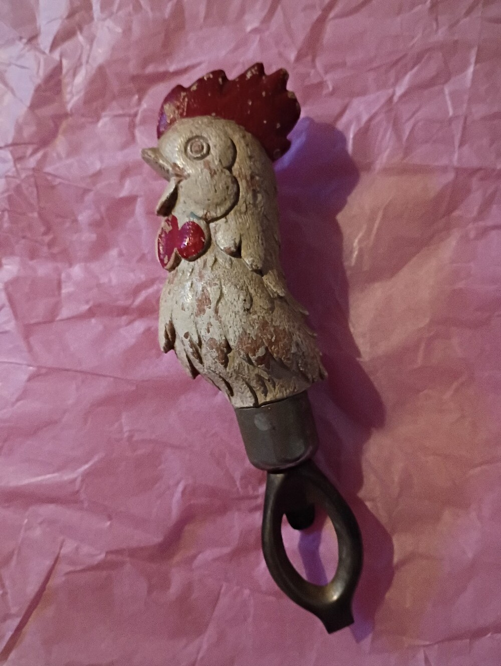 Vintage Rooster Bottle Opener Wooden Chicken Cream and Red